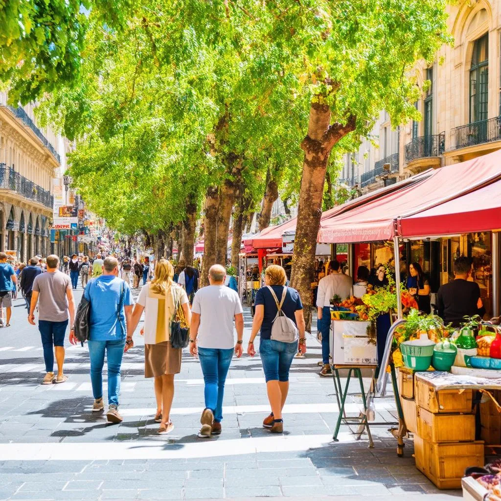 Tourists strolling along Las Ramblas